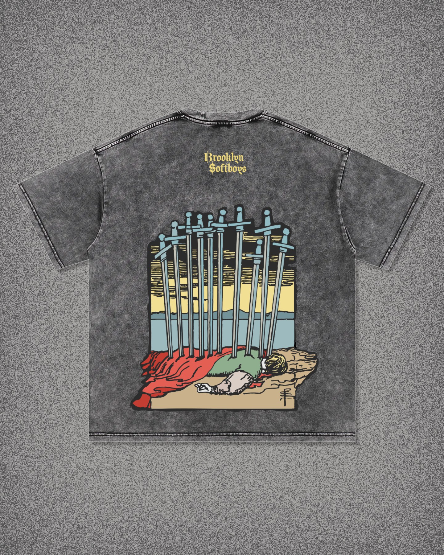 Teaser graphic: the Ten of Swords tee on a grey grain background above the line stay soft.