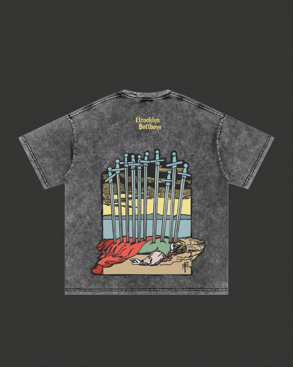 Brooklyn SoftBoys mineral-washed tee with tarot Ten of Swords back graphic.