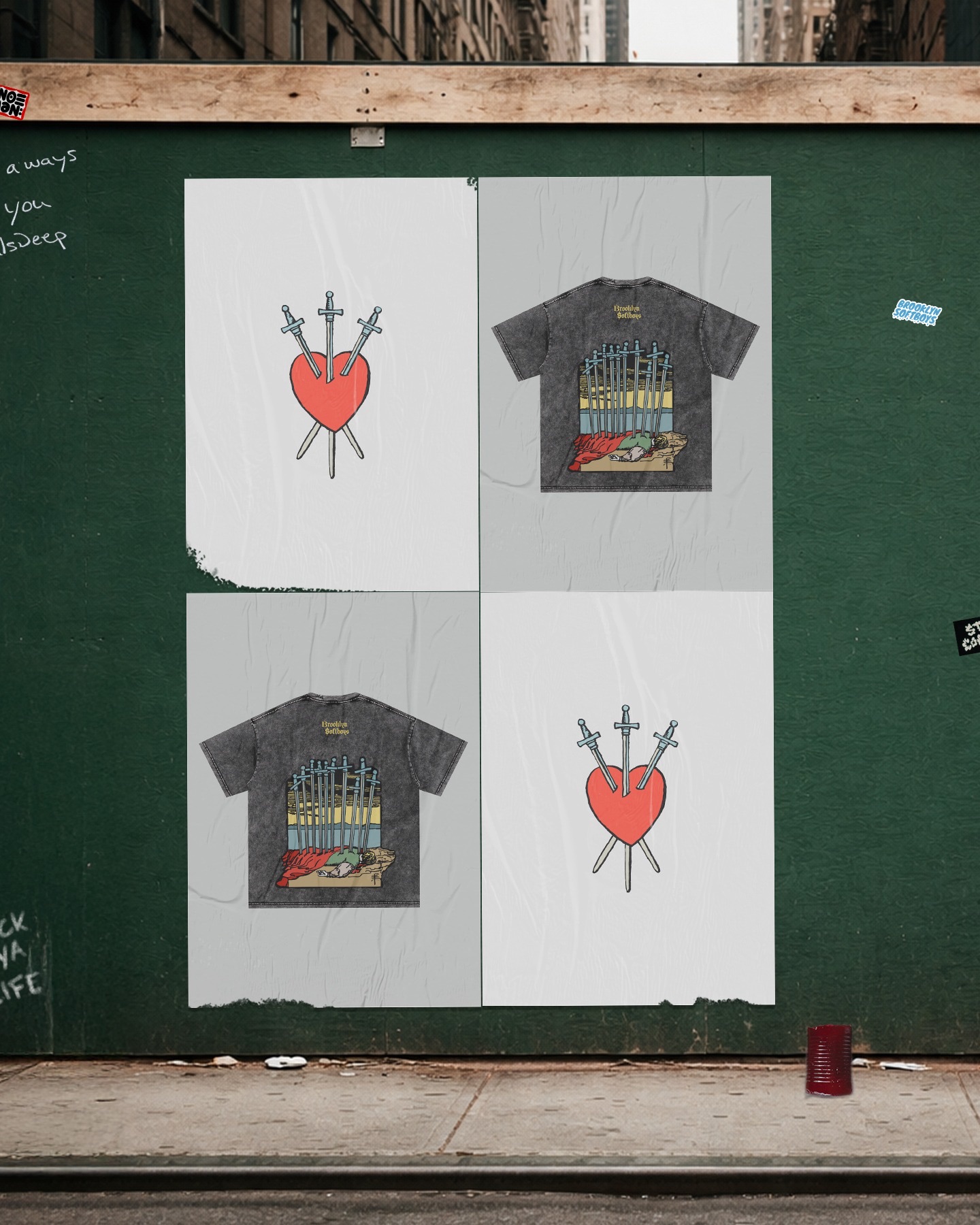 Brooklyn SoftBoys apparel graphics wheatpasted on a green plywood construction wall in New York.