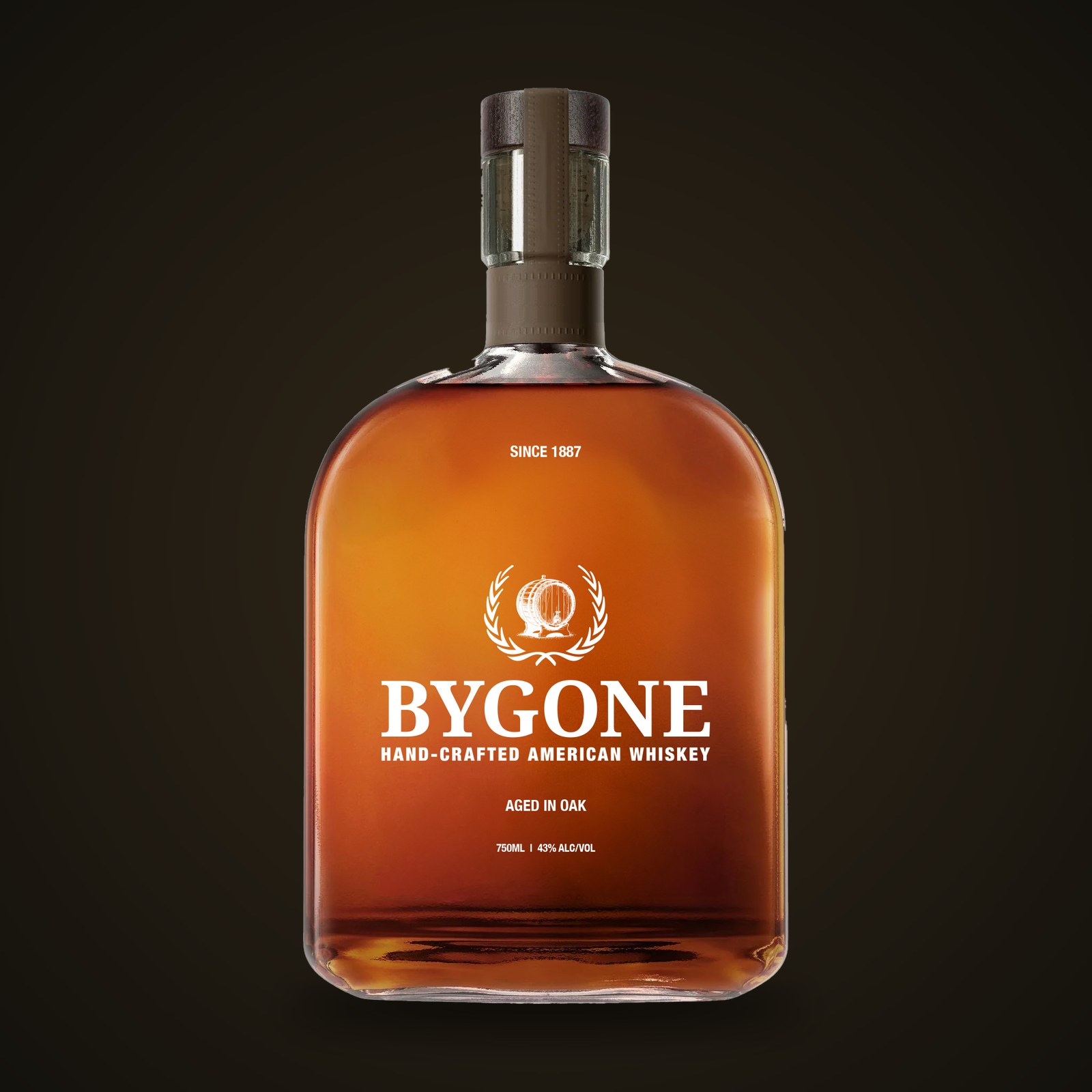 Bygone Whiskey bottle mockup — crest, wordmark, and label on a flask-shaped bottle with a dark wood closure.