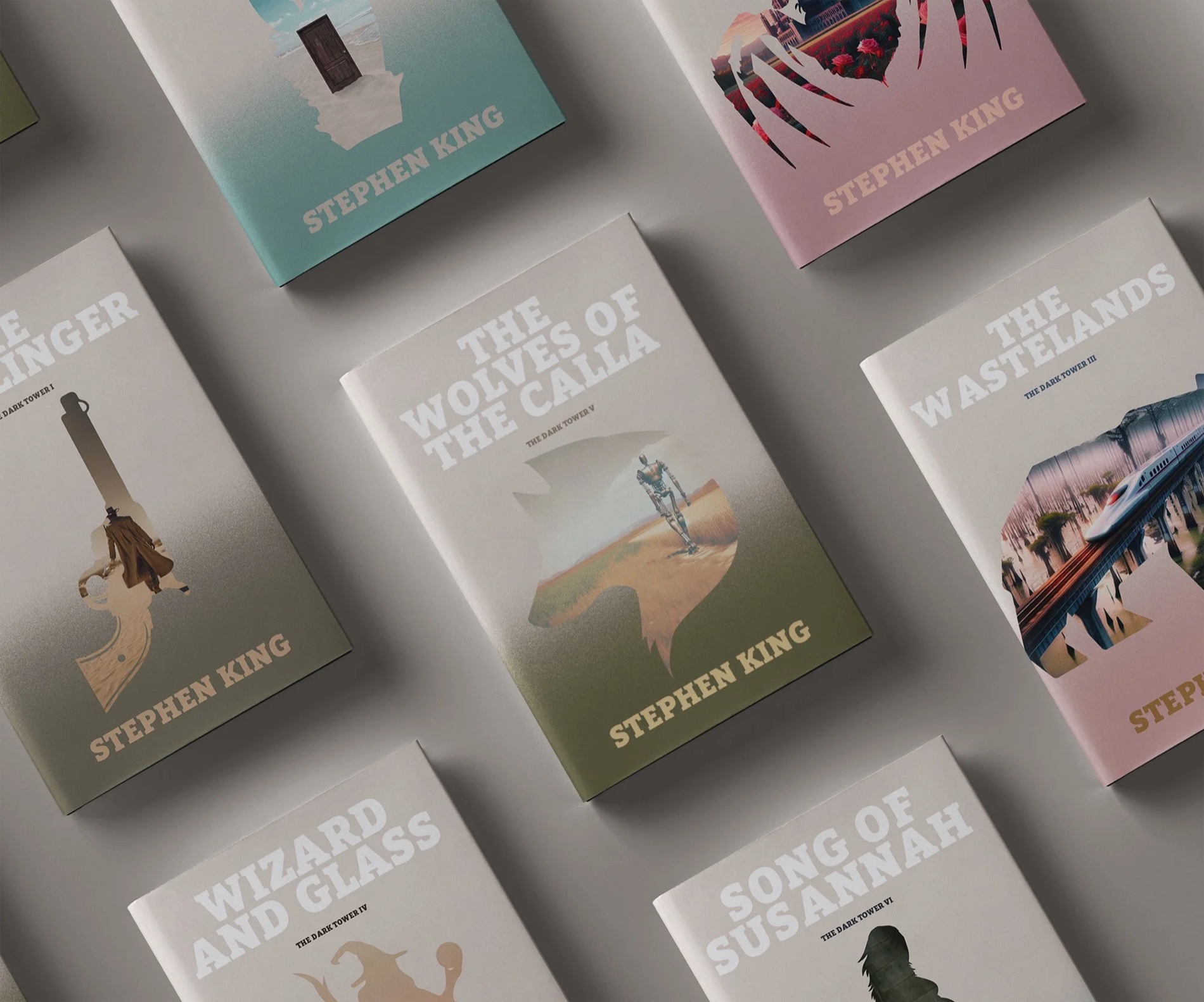 The Dark Tower — all seven redesigned hardcovers, shown as a spine-out book lineup.