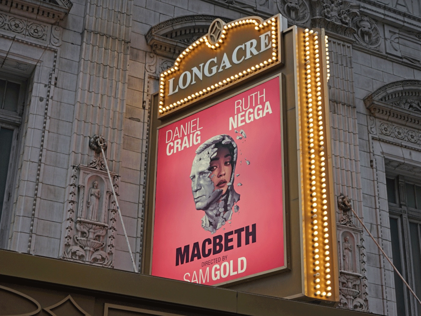 Vertical blade sign for Macbeth on the Longacre Theatre facade.