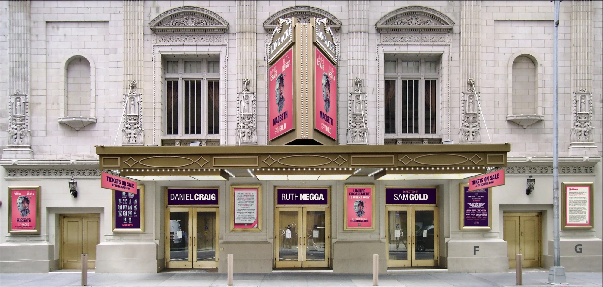 The Longacre Theatre facade dressed for Macbeth, seen from across the street in daylight.