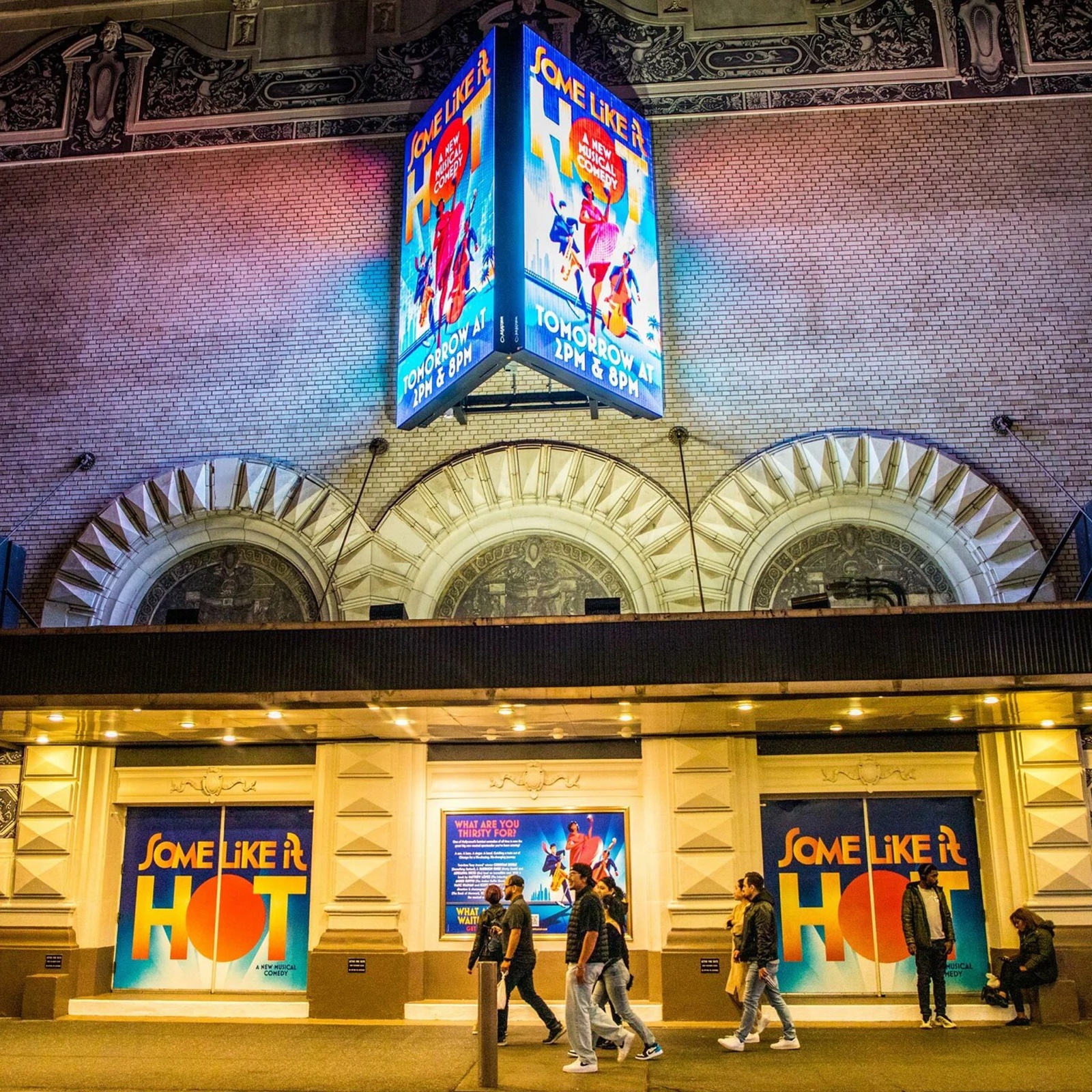 The Shubert Theatre's rotunda dome, lit at night for Some Like It Hot.