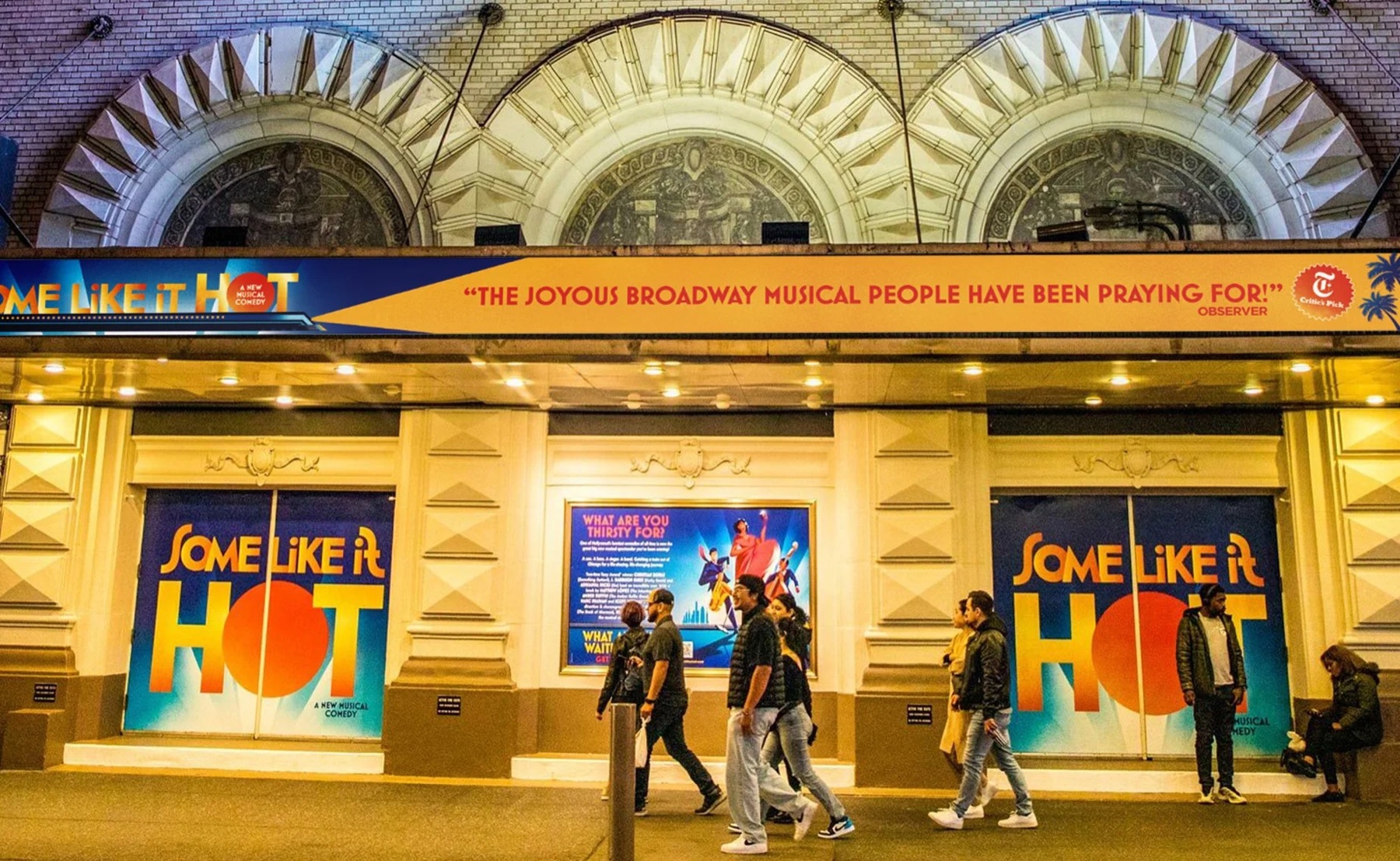 The Shubert Theatre box-office and marquee for Some Like It Hot, a wide night strip.