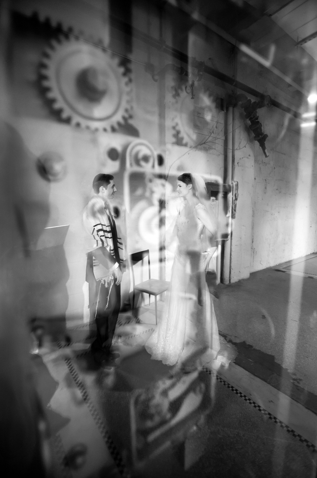 Experimental double-exposure black-and-white wedding frame.