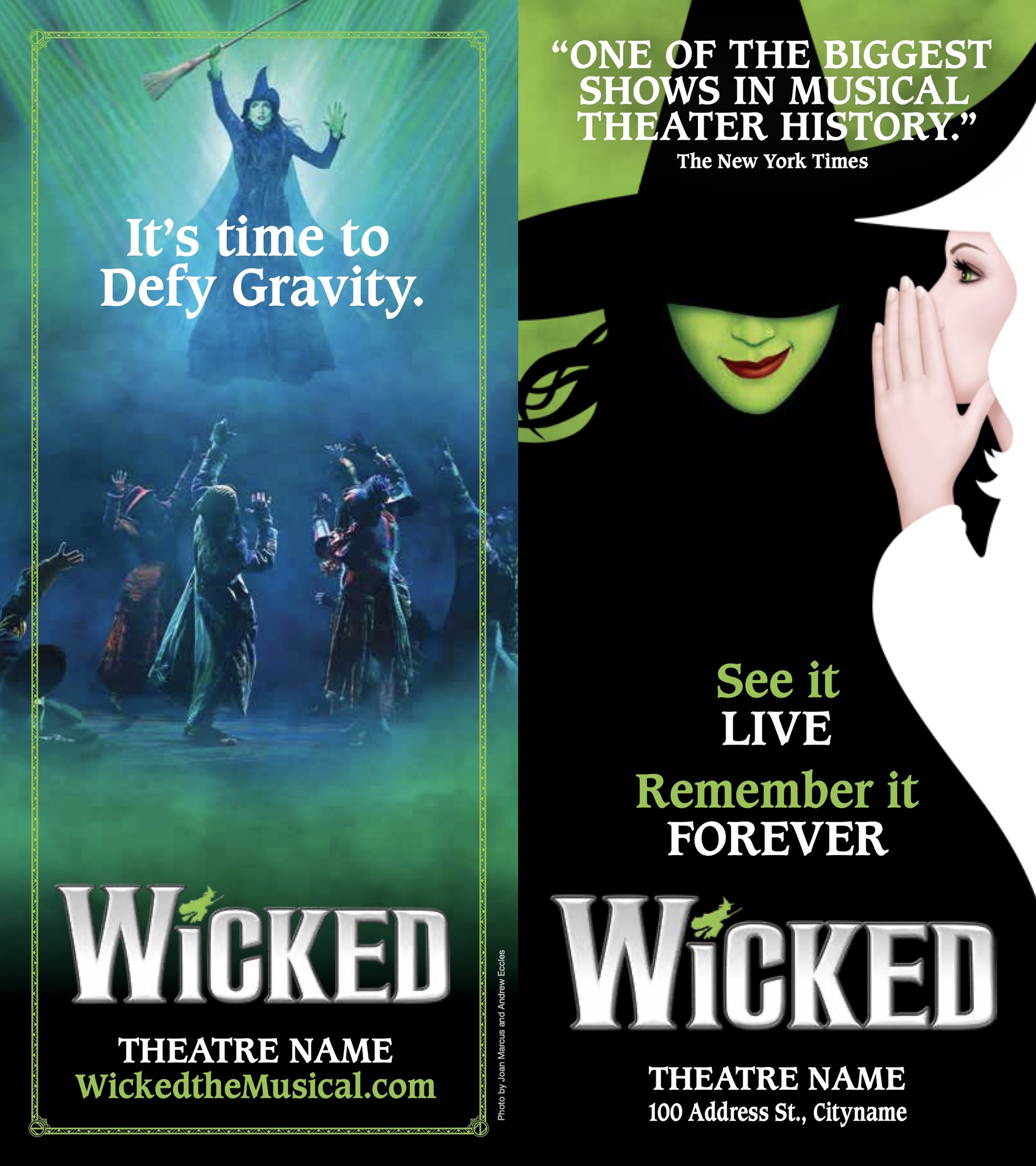 Wicked tour flyer template — a Defying Gravity production photo on one side, the witch key art on the other, with fillable theatre details.