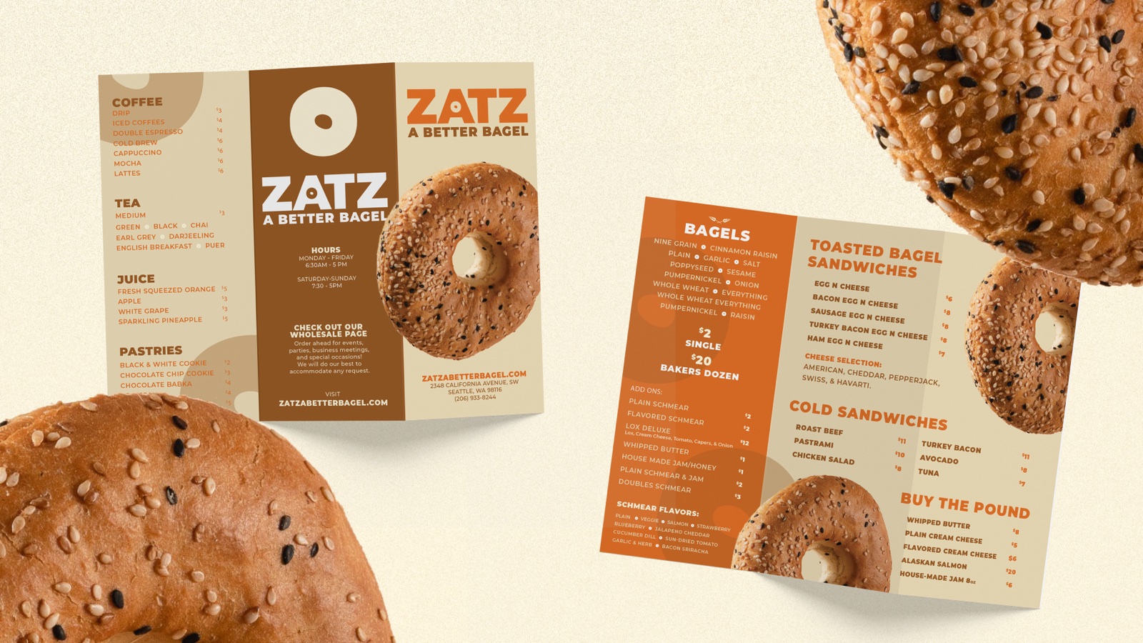 Zatz tri-fold menu design with bagel photography.