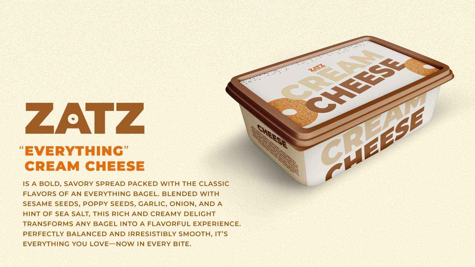 Zatz-branded "Everything" cream cheese tub packaging render.