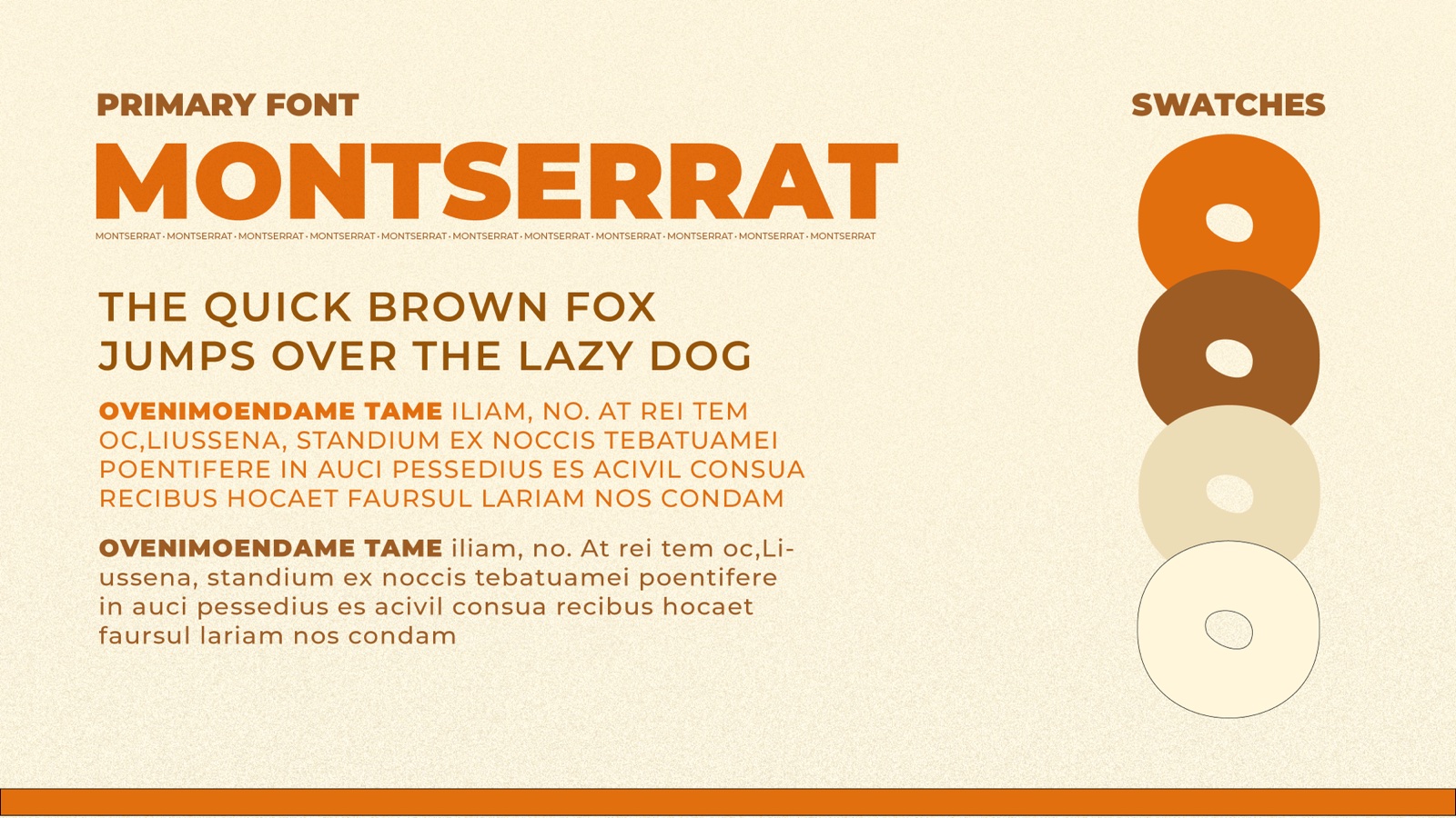 Zatz type and colour system — Montserrat with the orange, brown, and cream palette.